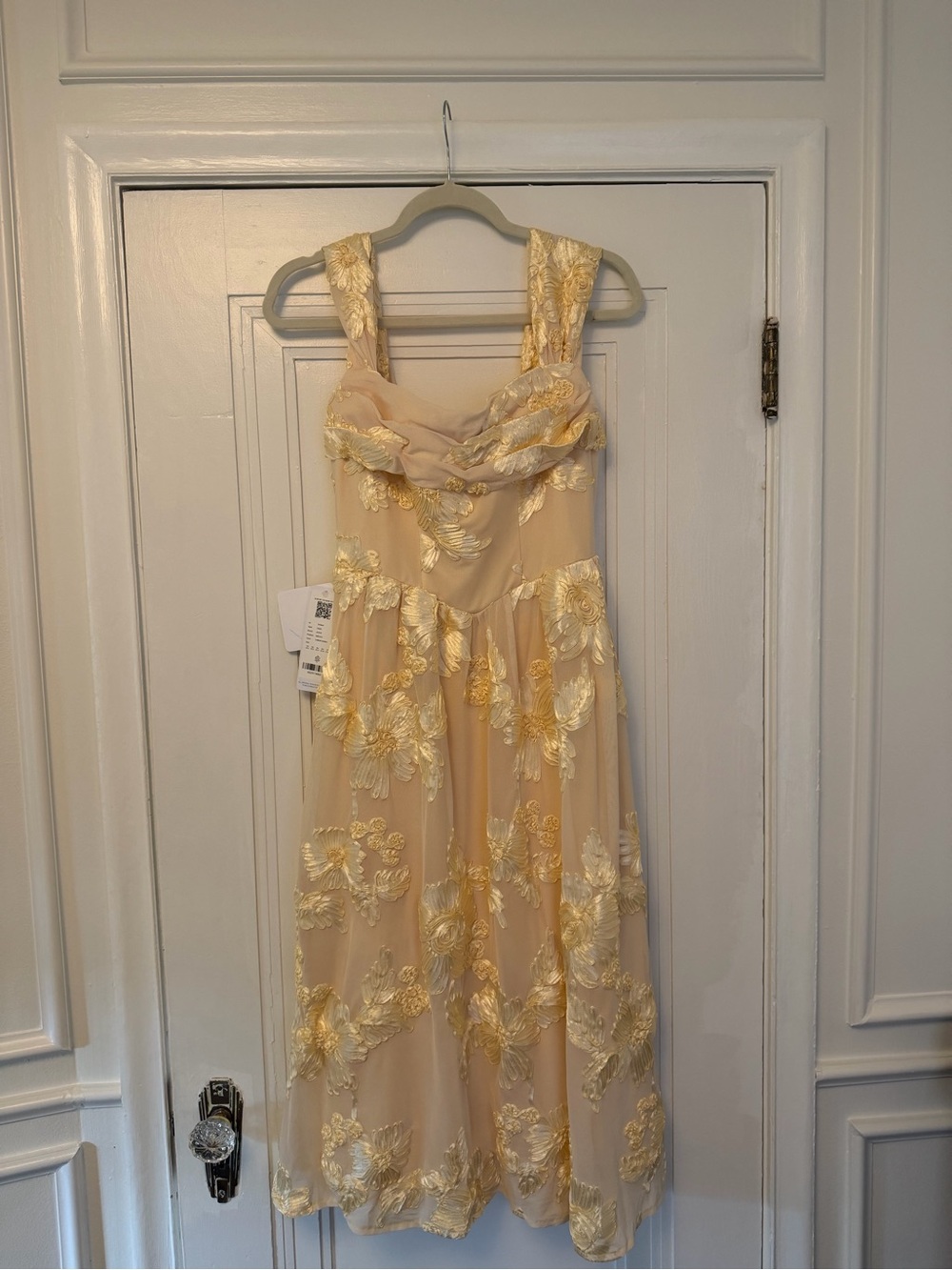 Azazie Pale Yellow Floral Embroidered Midi Dress